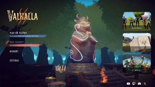 Valhalla's Testnet menu with New Journey, Account, Settings, Patch Notes, Wiki, and NFT links.