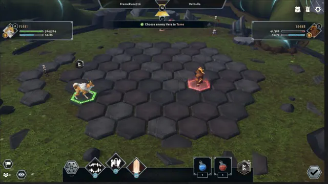 The taming action prompts the player to choose a low-health wild Bjorn on the Testnet battle board.