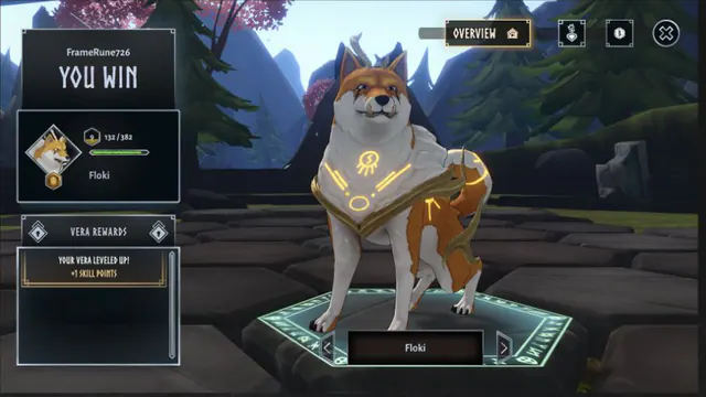 Floki stands on the victory screen while the Vera Rewards panel announces a level-up and one skill point.